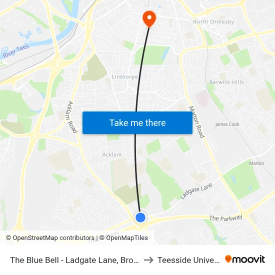 The Blue Bell - Ladgate Lane, Brookfield to Teesside University map