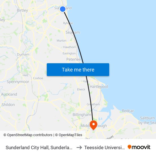 Sunderland City Hall, Sunderland to Teesside University map