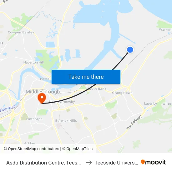 Asda Distribution Centre, Teesport to Teesside University map