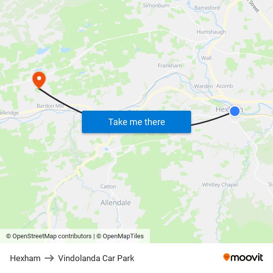 Hexham to Vindolanda Car Park map