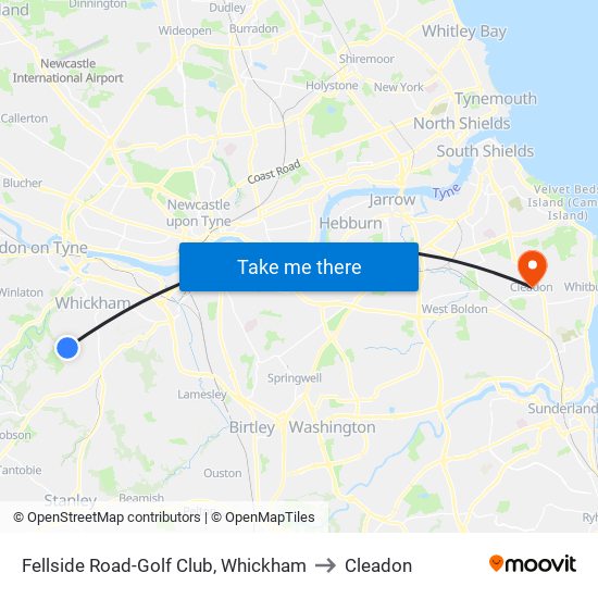 Fellside Road-Golf Club, Whickham to Cleadon map