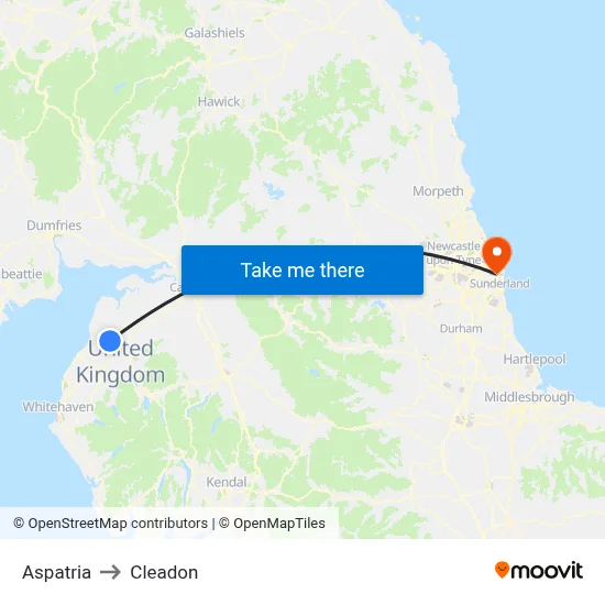 Aspatria to Cleadon map