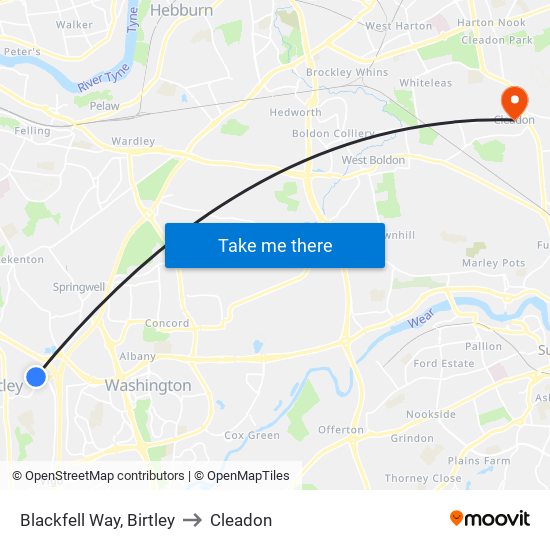 Blackfell Way, Birtley to Cleadon map