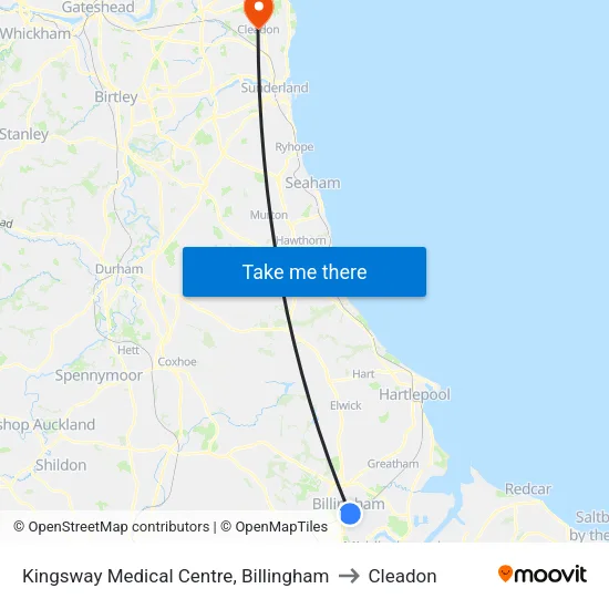 Kingsway Medical Centre, Billingham to Cleadon map