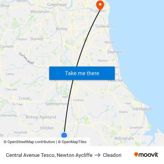 Central Avenue Tesco, Newton Aycliffe to Cleadon map