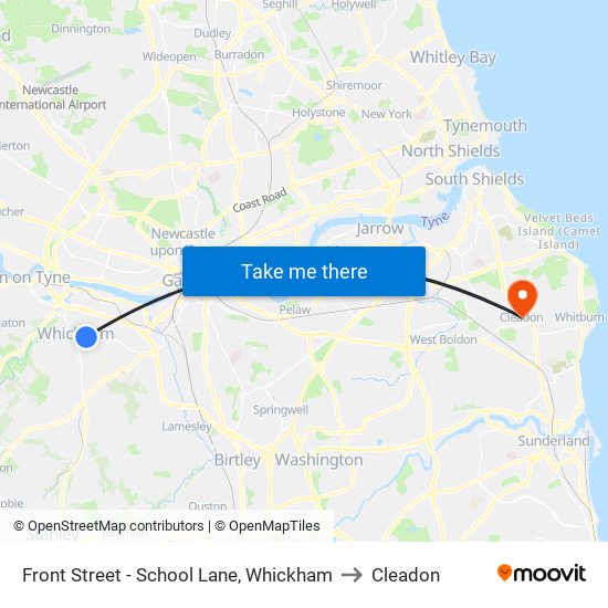 Front Street - School Lane, Whickham to Cleadon map