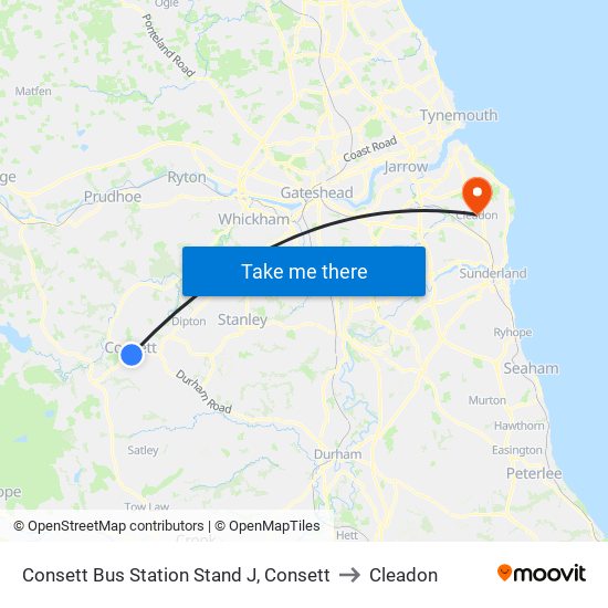 Consett Bus Station Stand J, Consett to Cleadon map