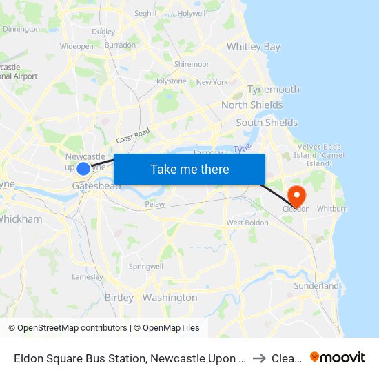 Eldon Square Bus Station, Newcastle Upon Tyne (Stand E) to Cleadon map