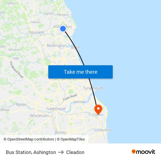 Bus Station, Ashington to Cleadon map