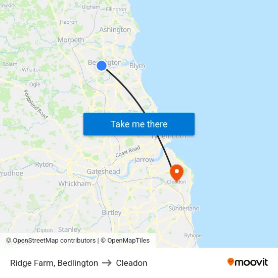 Ridge Farm, Bedlington to Cleadon map