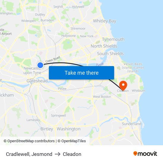 Cradlewell, Jesmond to Cleadon map