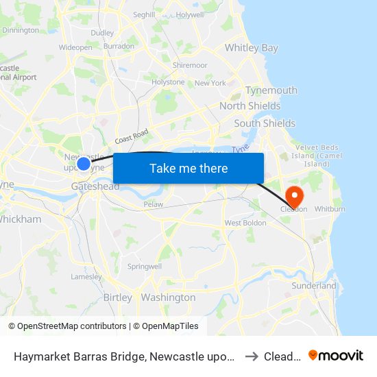 Haymarket Barras Bridge, Newcastle upon Tyne to Cleadon map