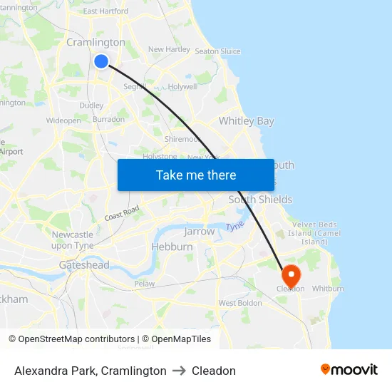 Alexandra Park, Cramlington to Cleadon map