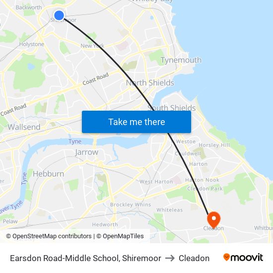 Earsdon Road-Middle School, Shiremoor to Cleadon map