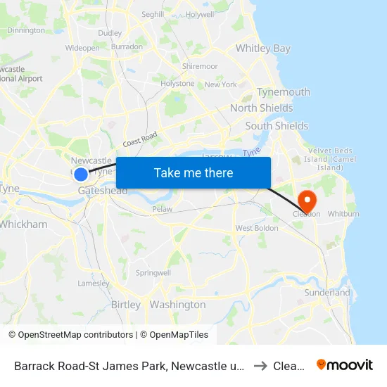 Barrack Road-St James Park, Newcastle upon Tyne to Cleadon map
