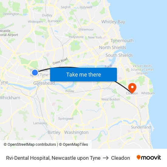 Rvi-Dental Hospital, Newcastle upon Tyne to Cleadon map