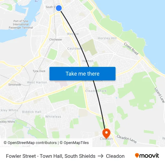 Fowler Street - Town Hall, South Shields to Cleadon map