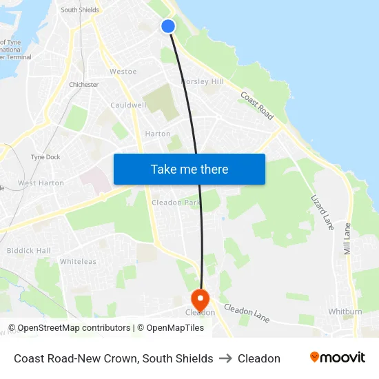 Coast Road-New Crown, South Shields to Cleadon map