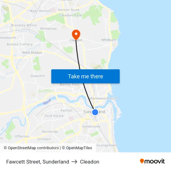 Fawcett Street, Sunderland to Cleadon map