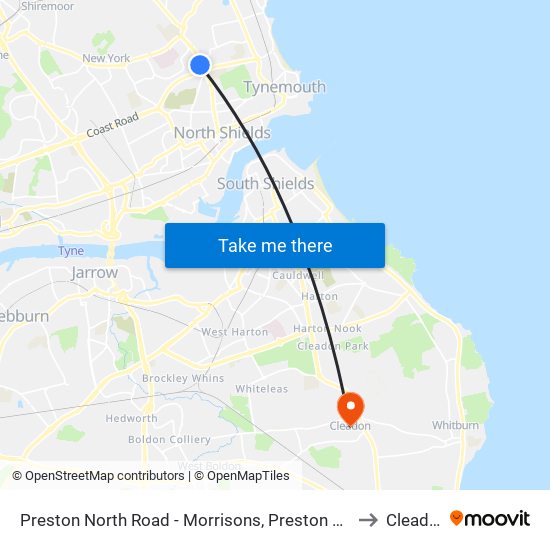 Preston North Road - Morrisons, Preston Grange to Cleadon map