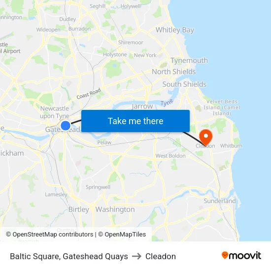 Baltic Square, Gateshead Quays to Cleadon map