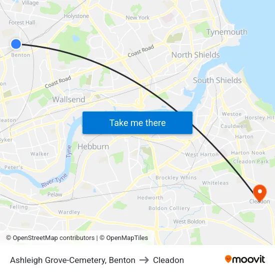 Ashleigh Grove-Cemetery, Benton to Cleadon map