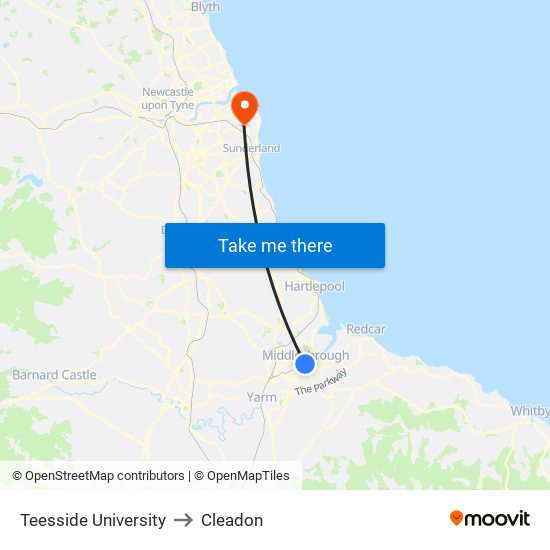 Teesside University to Cleadon map