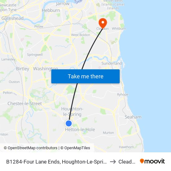B1284-Four Lane Ends, Houghton-Le-Spring to Cleadon map