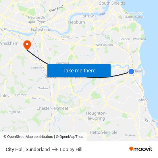 City Hall, Sunderland to Lobley Hill map