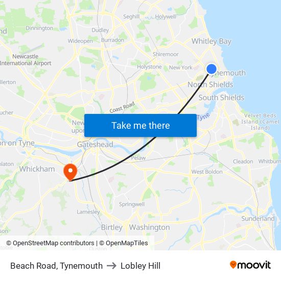 Beach Road, Tynemouth to Lobley Hill map