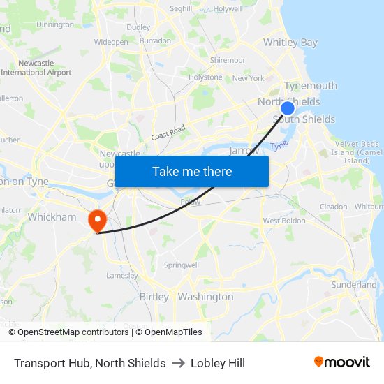 Transport Hub, North Shields to Lobley Hill map