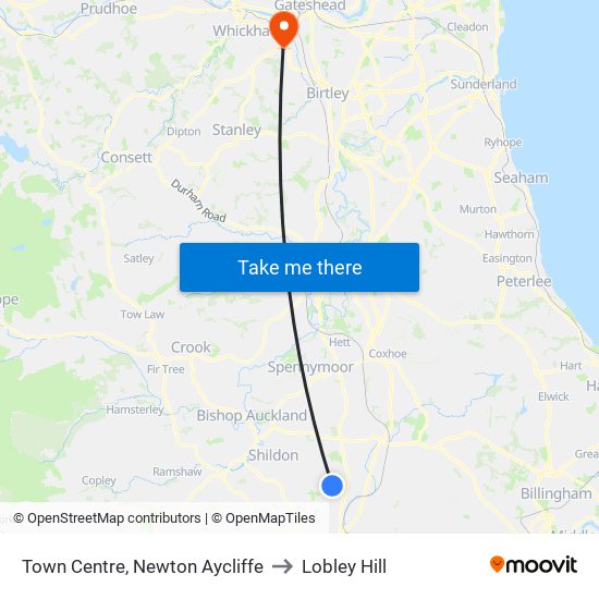 Churchill House, Newton Aycliffe to Lobley Hill map