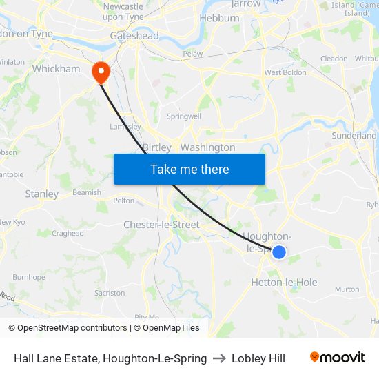 Hall Lane Estate, Houghton-Le-Spring to Lobley Hill map