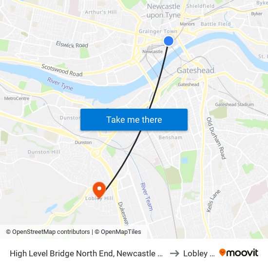 High Level Bridge North End, Newcastle upon Tyne to Lobley Hill map
