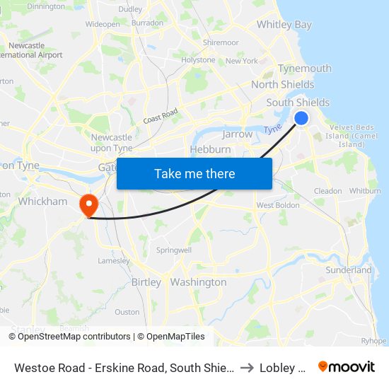 Westoe Road - Erskine Road, South Shields to Lobley Hill map