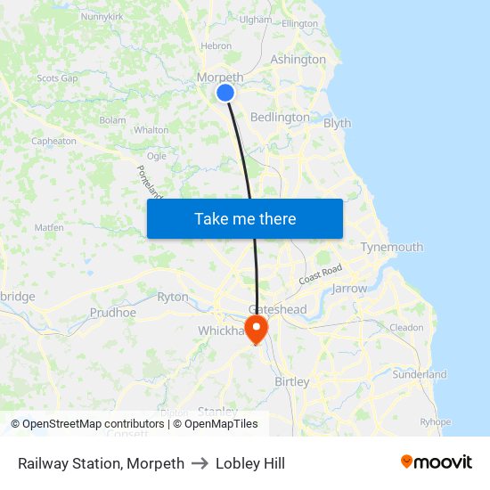 Railway Station, Morpeth to Lobley Hill map