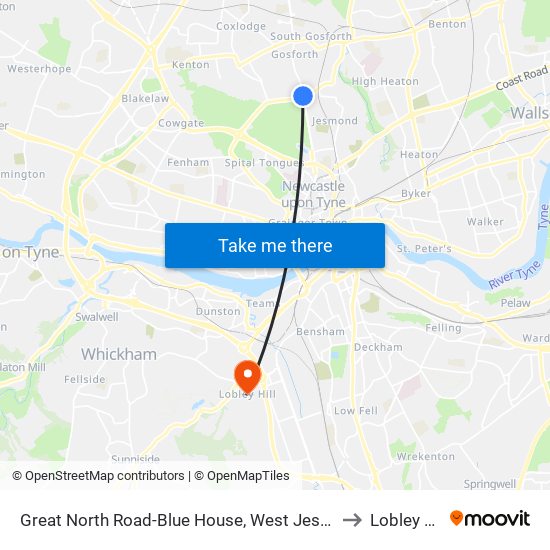 Great North Road-Blue House, West Jesmond to Lobley Hill map