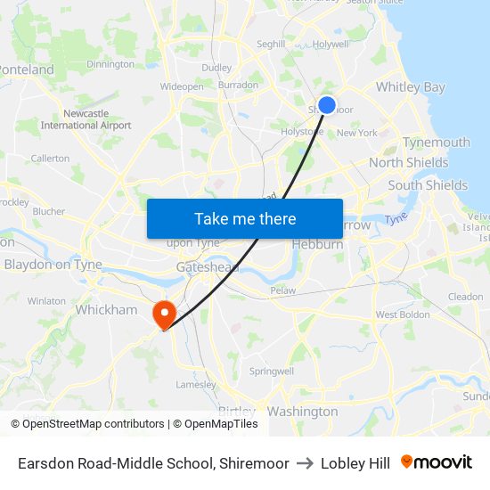 Earsdon Road-Middle School, Shiremoor to Lobley Hill map