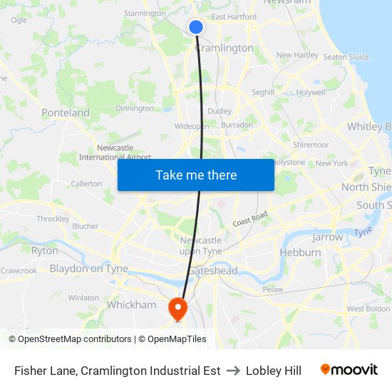 Fisher Lane, Cramlington Industrial Est to Lobley Hill map