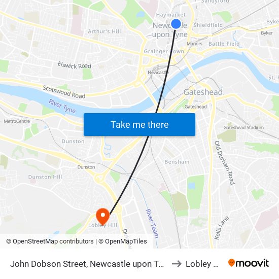 John Dobson Street, Newcastle upon Tyne to Lobley Hill map