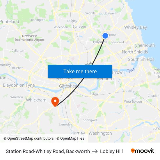 Station Road-Whitley Road, Backworth to Lobley Hill map