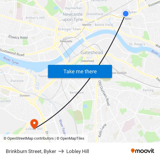 Brinkburn Street, Byker to Lobley Hill map