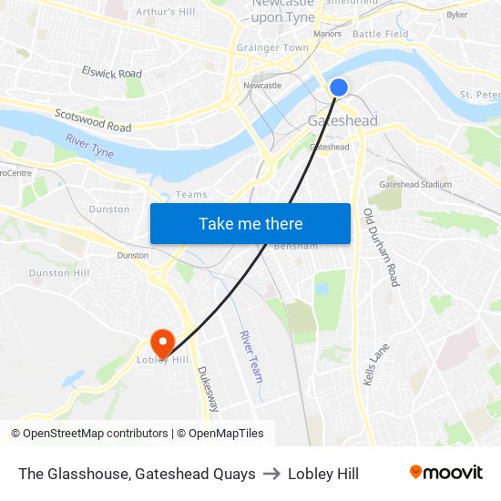 The Glasshouse, Gateshead Quays to Lobley Hill map