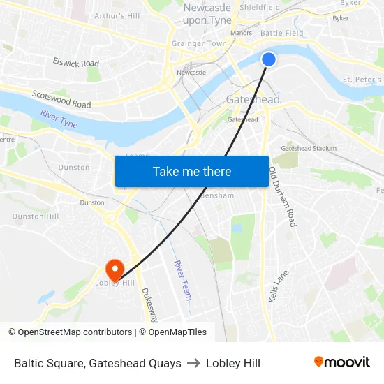 Baltic Square, Gateshead Quays to Lobley Hill map