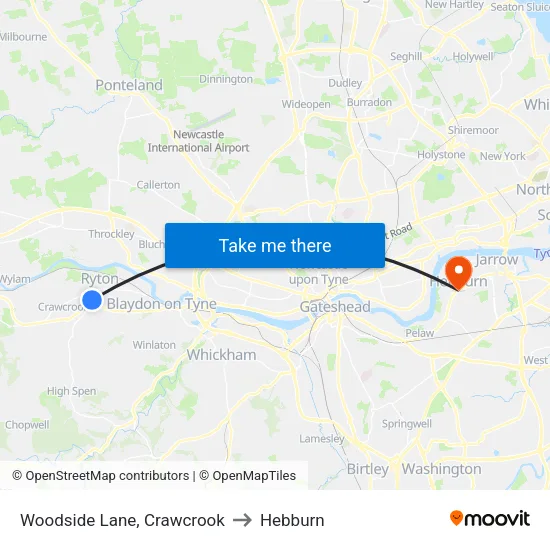 Woodside Lane, Crawcrook to Hebburn map