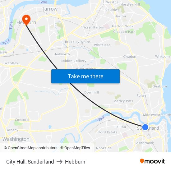 City Hall, Sunderland to Hebburn map