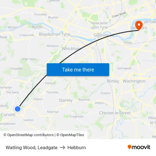 Watling Wood, Leadgate to Hebburn map