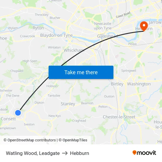 Watling Wood, Leadgate to Hebburn map