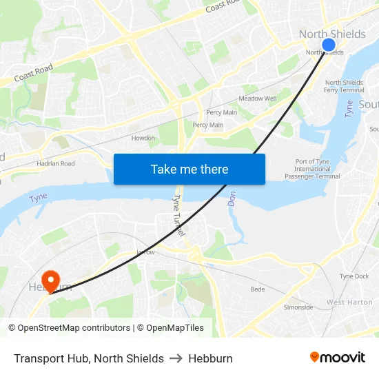 Transport Hub, North Shields to Hebburn map