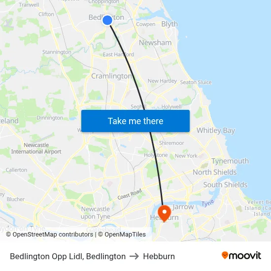 Bedlington Opp Lidl, Bedlington to Hebburn map